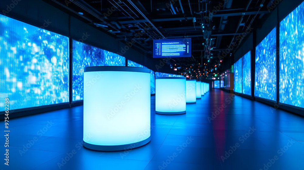 Wall mural futuristic blue luminous cylinders in a modern space