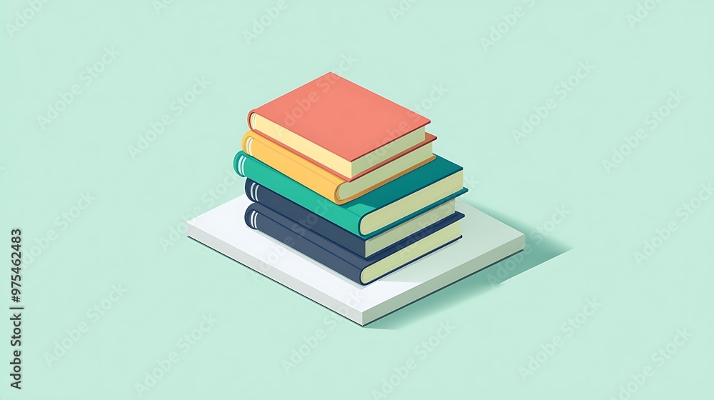 Aufkleber minimalist 3d vector icon of stack of books on white platform with light green background