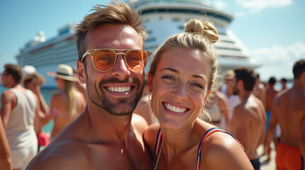 Fototapeta premium Vibrant Smiling Couples Enjoying a Scenic Cruise: Images for Travel, Love, and Adventure Enthusiasts