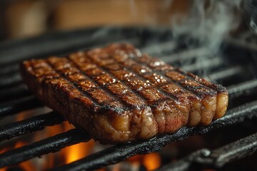 succulent grilled steak with perfect char marks juices sizzling on hot grill aromatic smoke swirling rich colors and textures in extreme closeup