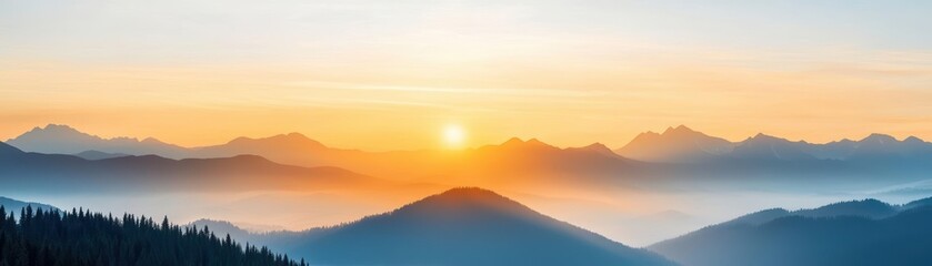 Fototapeta premium Breathtaking mountain vista with a pine forest below, adventurers camping at the summit, fresh air and adventure at its peak