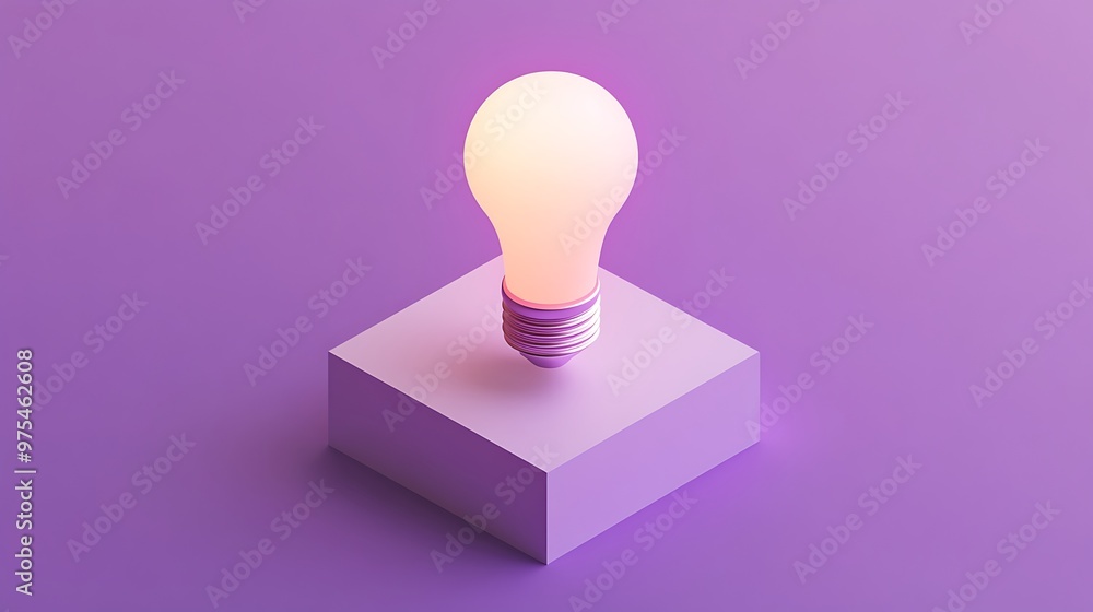 Poster modern 3d lightbulb icon on white platform with purple background - vector illustration in simple st