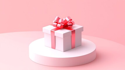Fototapeta premium Minimalistic 3D Gift Box Icon on White Platform with Light Pink Background - Vector Illustration with Simple Design and Isometric View