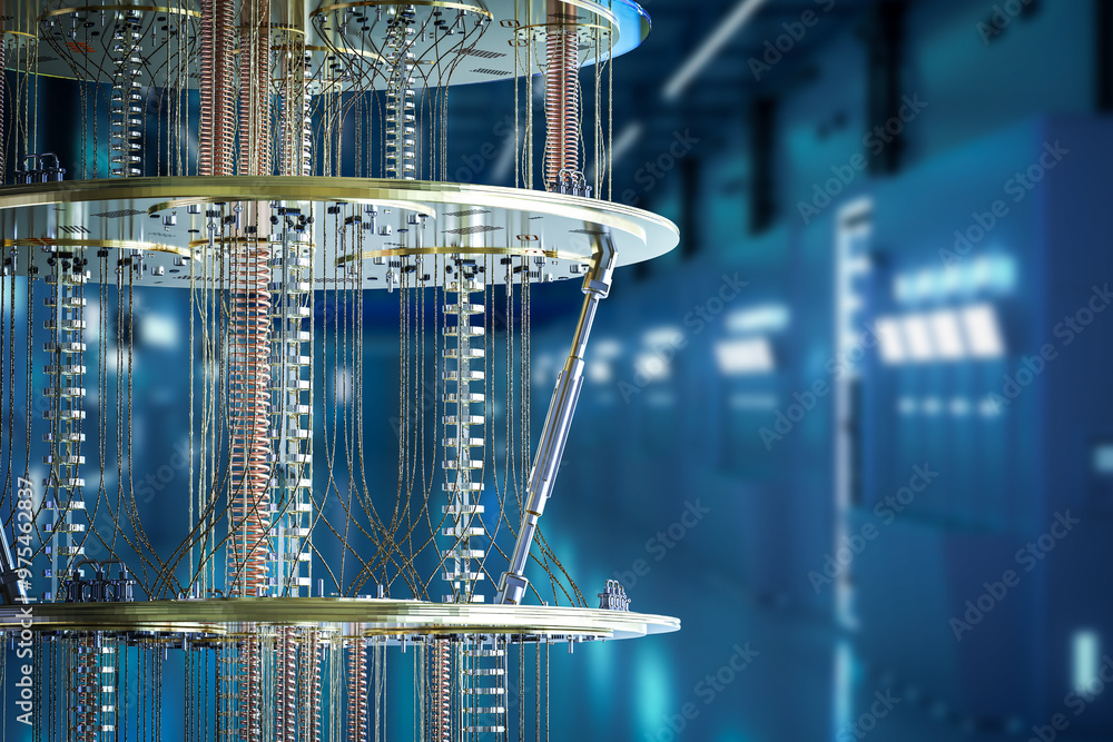 Poster golden quantum computer machine close up