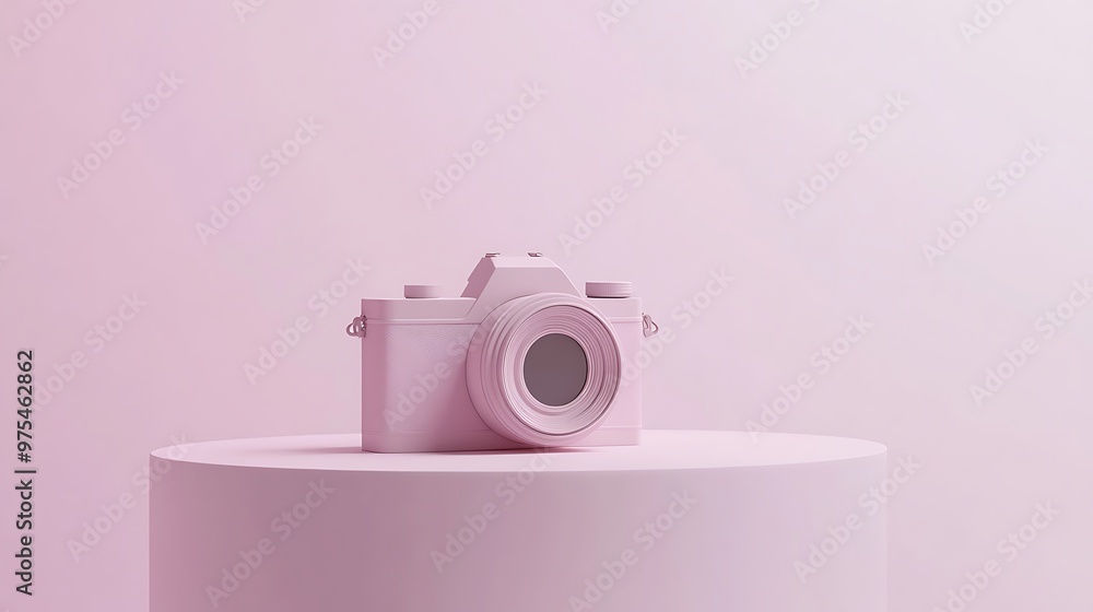 Aufkleber minimalistic 3d camera icon on white platform with lavender background - vector illustration in isom