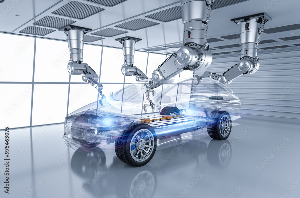 Poster robot assembly line with electric car battery cells module on platform