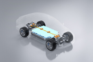 Ev car or electric vehicle with battery pouch cells glowing