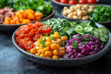 Colorful Salad Bowl with Chickpeas  Tomatoes  Cucumber  and Red Onion