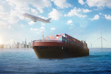 Worldwide logistic business with cargo ship and commercial plane
