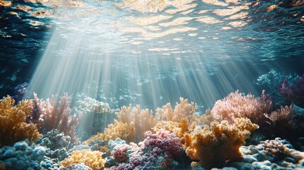 Obraz premium Sunbeams Shining on Vibrant Coral Reef