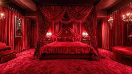 Luxurious red bedroom with red silk bedding, red curtains, and deep red carpeting. © Pricha.RT