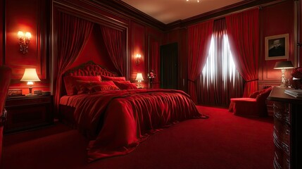 Luxurious red bedroom with red silk bedding, red curtains, and deep red carpeting.