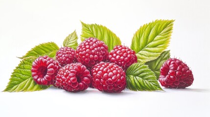 Oil painting of raspberries with green leaves set against a white background featuring vibrant details of the fruit and foliage