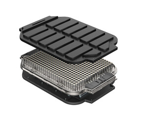 Exploded view of black ev battery pouch with cylindrical cells