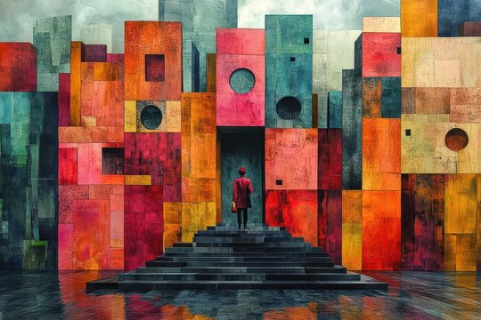 surreal paper collage cityscape floating geometric shapes vibrant mismatched textures impossible architecture dreamlike color palette