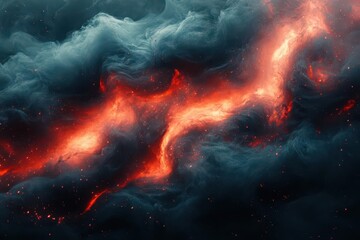 Fototapeta premium swirling tendrils of black smoke intertwined with red flames and sparks against dark backdrop