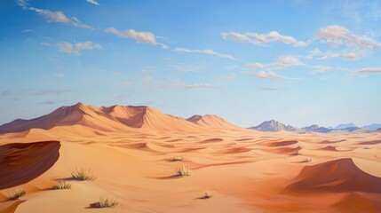 Oil painting depicting a desert landscape with dunes showcasing the beauty of arid scenery and natural formations
