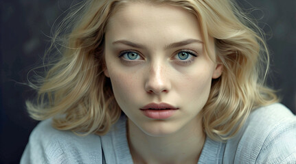 Naklejka premium Intense Blue Eyes and Wind Swept Blonde Hair in Moody Soft Focus Close Up Portrait