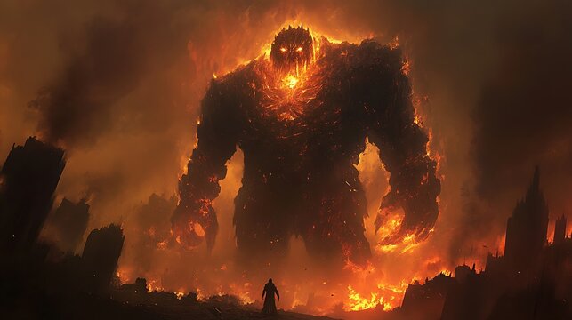 Infernal Titan - Malevolent Golem dominating scorched battleground with blazing presence, dark fantasy concept art.