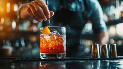 A skilled bartender preparing a cocktail with ice and garnish, showcasing the art of mixology in a vibrant bar setting.