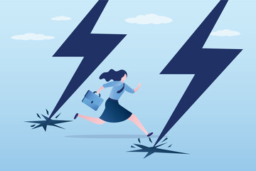 Strong businesswoman overcoming attack by thunder and lightnings, concept of crisis happening on business, depicts the fall of finance market or business loss.