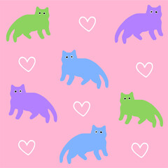 Seamless pattern with cute colorful Cats. Funny pet charactes Hand drawn vector illustration. Good for fabric, textile