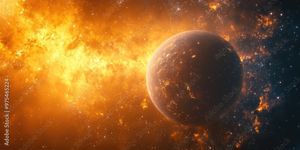 Poster abstract depiction of a planet with solar flares in a vast cosmic setting star nebula contrasting wi
