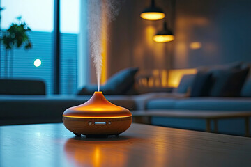 Aromatherapy diffuser releasing mist in cozy living room
