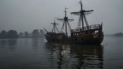 "Amidst the currents of the Padma River, a phantom ship drifts, its sails torn and frayed by a tempest of old. The mist envelops it, and ghostly apparitions linger on the deck, trapped in a never-endi