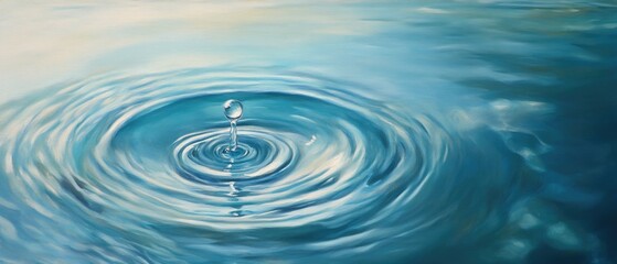 Oil painting depicting a clear water droplet creating ripples symbolizing refreshing purity and the beauty of aqua tones