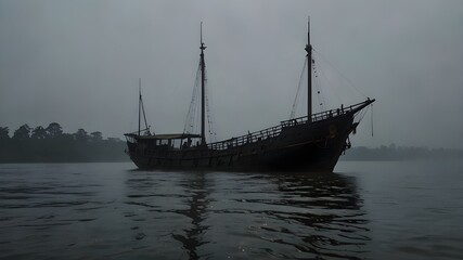 "Amidst the currents of the Padma River, a phantom ship drifts, its sails torn and frayed by a tempest of old. The mist envelops it, and ghostly apparitions linger on the deck, trapped in a never-endi