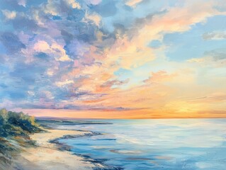 Fototapeta premium Oil painting capturing a serene coastal landscape with a tranquil sea and vibrant sky showcasing a peaceful waterfront scene