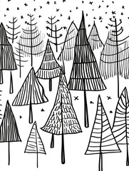 Line art illustration featuring a simple animation of a continuous drawing of Christmas trees with a forest backdrop
