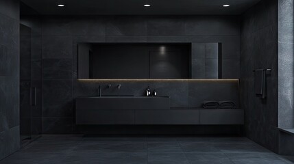 Modern black bathroom with black tiles, a black vanity, and sleek fixtures.