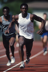 A track and field coach training athletes in sprinting and long-distance running techniques on the track, enhancing their performance and skills.