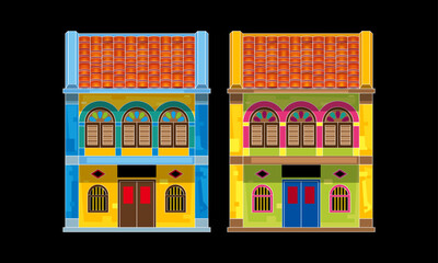 Colorful and historical colonial style double storey terrace shop house. Vector, with plain colour background.