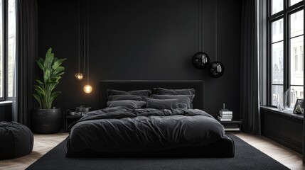 Modern black bedroom with black bedding, black walls, and black light fixtures.