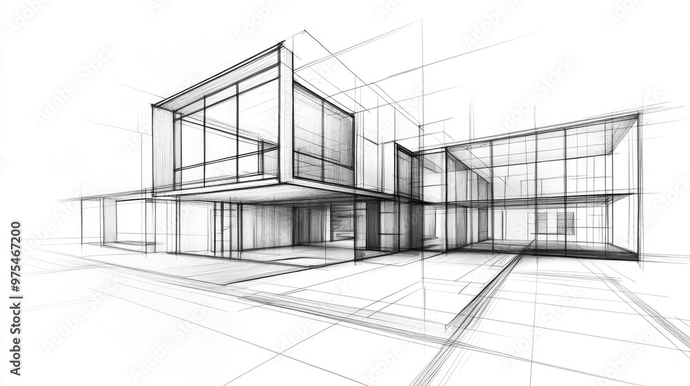 Poster line art depiction of architectural design featuring a conceptual sketch in three dimensional perspe