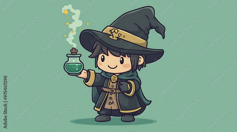 Poster charming tiny medieval alchemist in chibi style with detailed background - vector illustration with 
