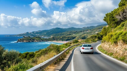 A white car drives along a winding coastal road with a blue sea and green hills in the background.