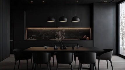 Modern black dining area with black chairs, black table, and black light fixtures.