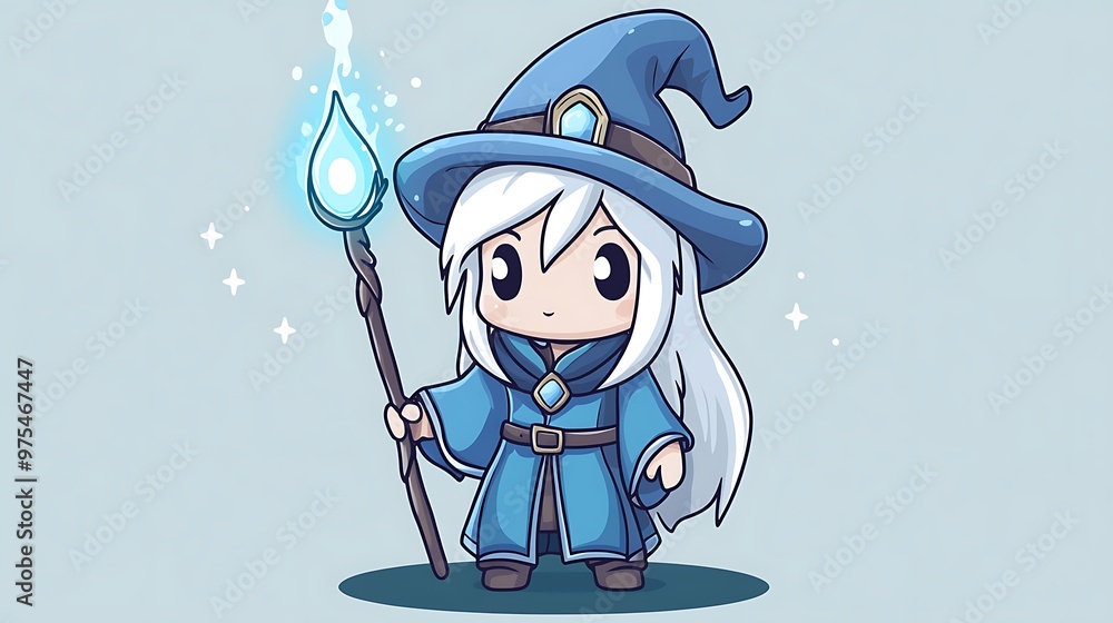 Aufkleber enchanting tiny medieval mage in chibi style with detailed background - 2d vector illustration in wh