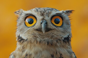 Obraz premium whimsical closeup portrait of wideeyed owl against vivid yellow background sharp details and quirky expression capture the birds unique personality