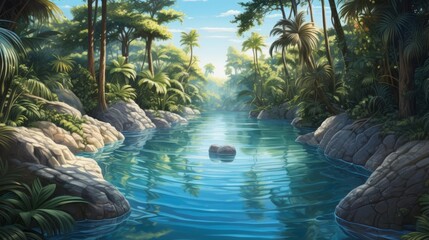 A heartshaped pool filled with crystal clear water, palm trees swaying gently around it in this luxurious illustration