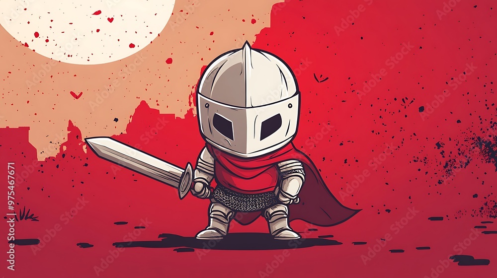 Aufkleber adorable chibi style medieval knight in vibrant 2d vector art with detailed background | white and r