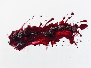 Oil painting depicting a track of raspberry jam with splashes and spilled blackberry sauce on a white background showcasing blots of bramble jam in a flat lay top view