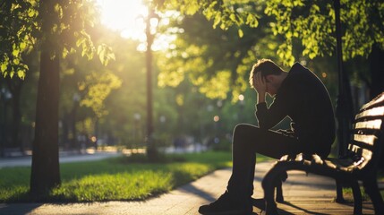 Fototapeta premium A man sitting on a park bench, head in hands, surrounded by bright sunlight and shadows, illustrating a tension headache from environmental factors.