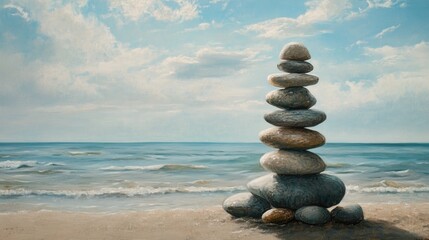 Oil painting depicting a stone tower made of pebbles on a beach symbolizing the balance of body mind soul and spirit in a mental health practice