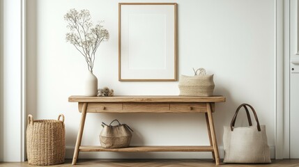 A wooden console table with a framed canvas print, a vase of dried flowers, woven baskets, and bags.