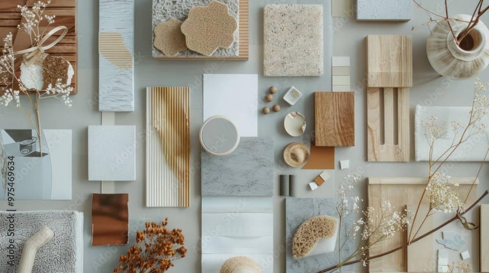 Aufkleber a topdown view of a creative architects moodboard composition is displayed in a flat lay. the compos
